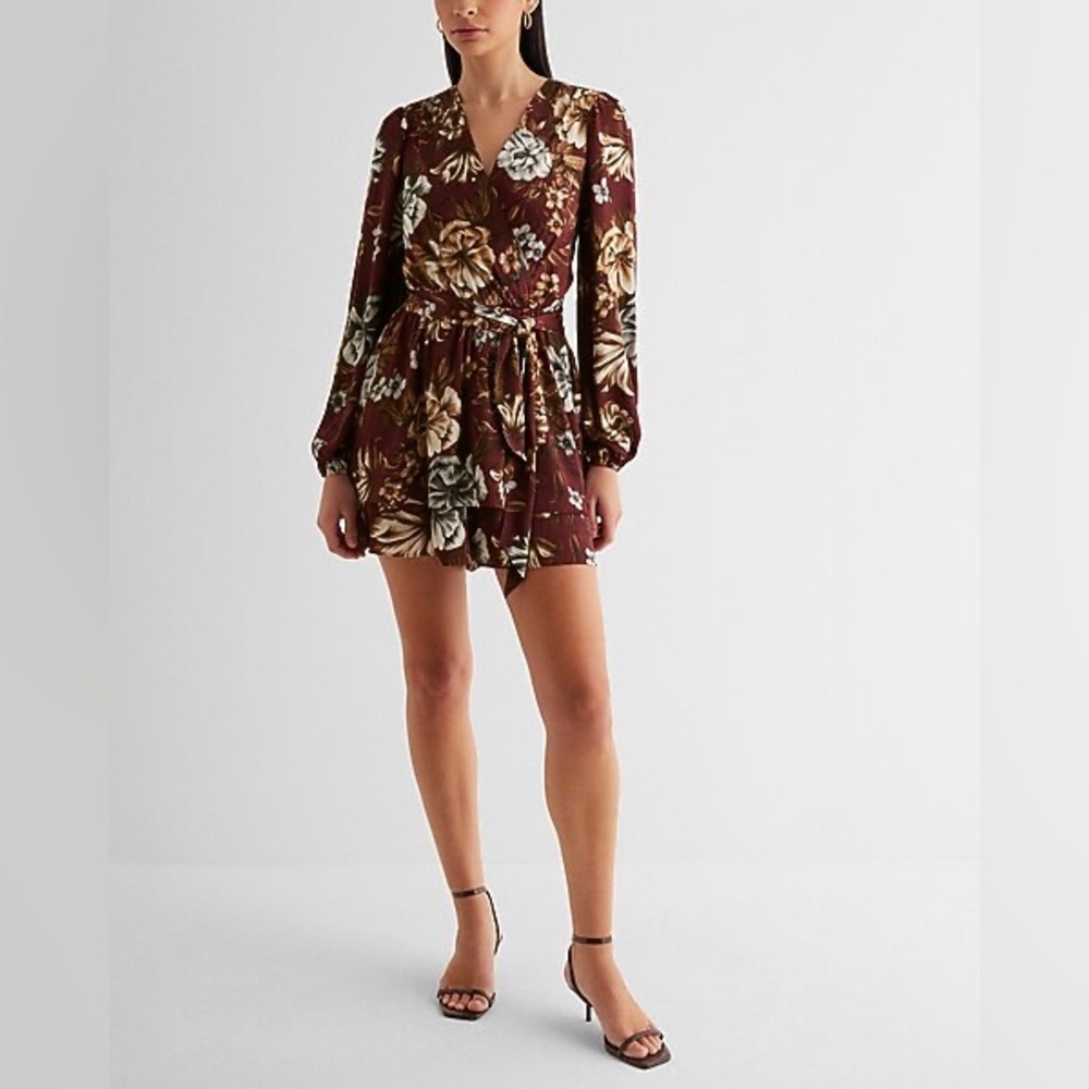 Express Burgundy Floral Long Sleeve Romper